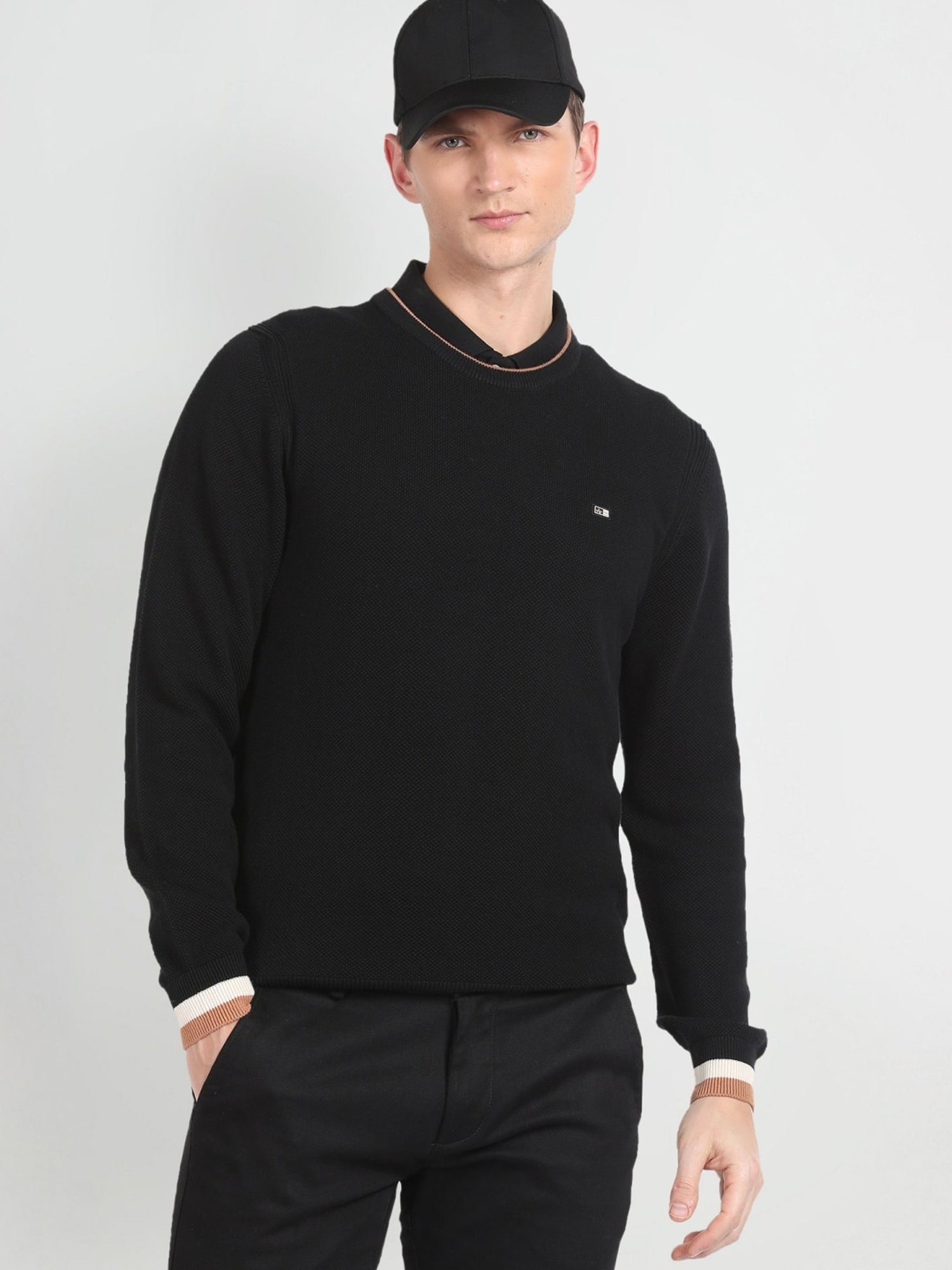 Arrow Sport Black Regular Fit Self Pattern Sweater