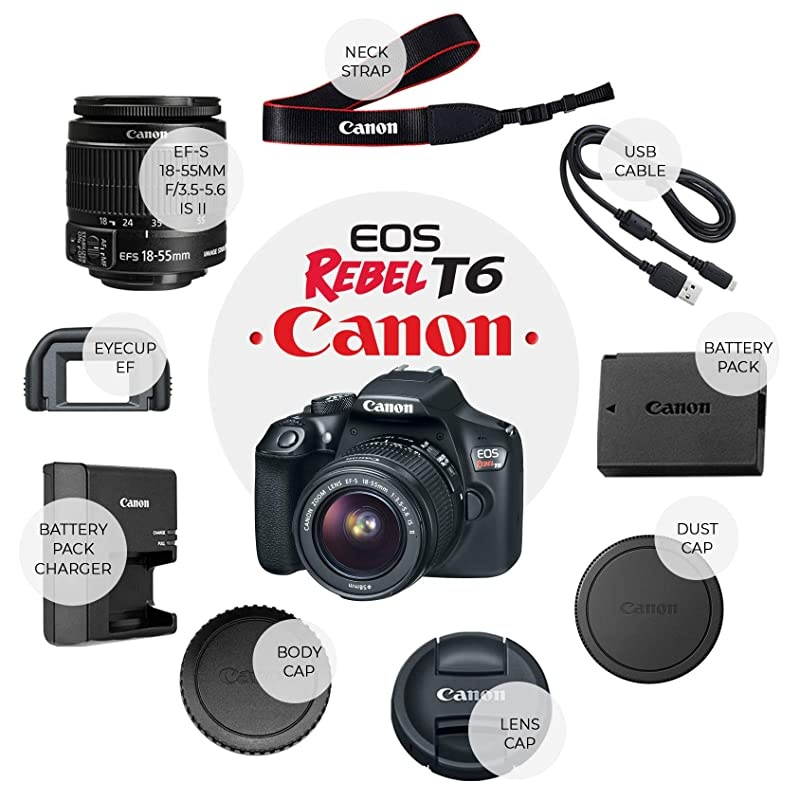 EOS Rebel T6 Digital SLR Camera with 18-55mm EF-S f/3.5-5.6 is II Lens + 58mm Wide Angle Lens + 2X Telephoto Lens + Flash + 48GB SD Memory Card + UV Filter Kit + Tripod + Full Accessory Bundle