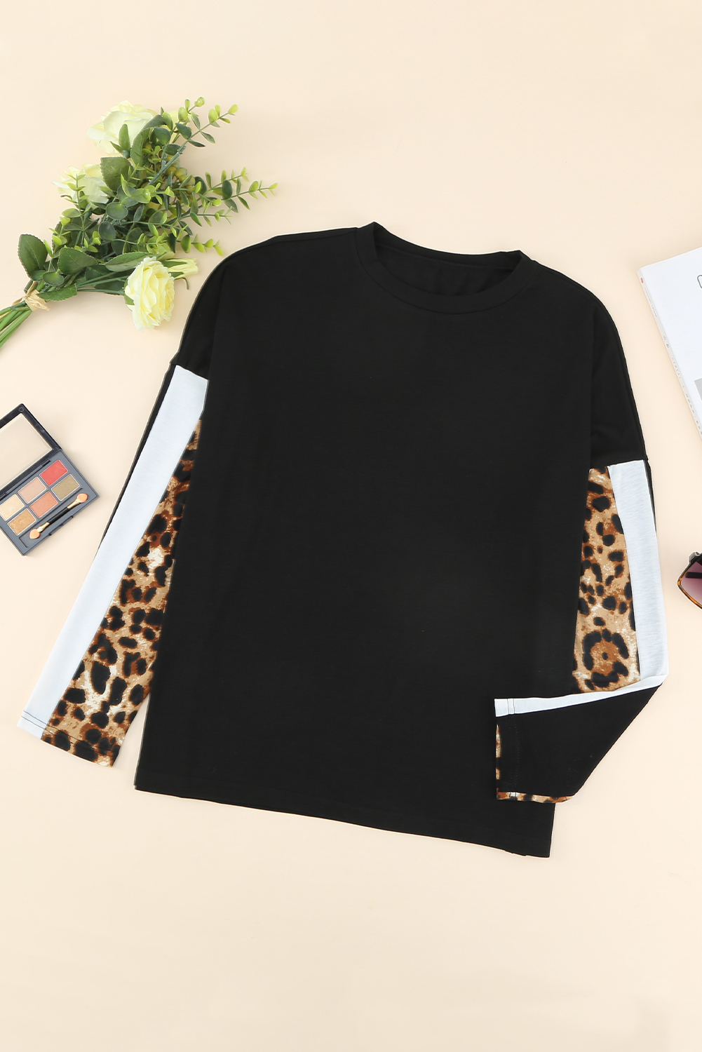 Blank Sweatshirt - Black Leopard Print Sleeve Long Sleeve Top Customized