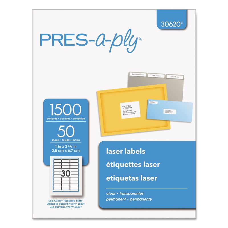 Pres-A-Ply Laser Address Labels 1 x 2 5/8 Clear 1500/Box 30620