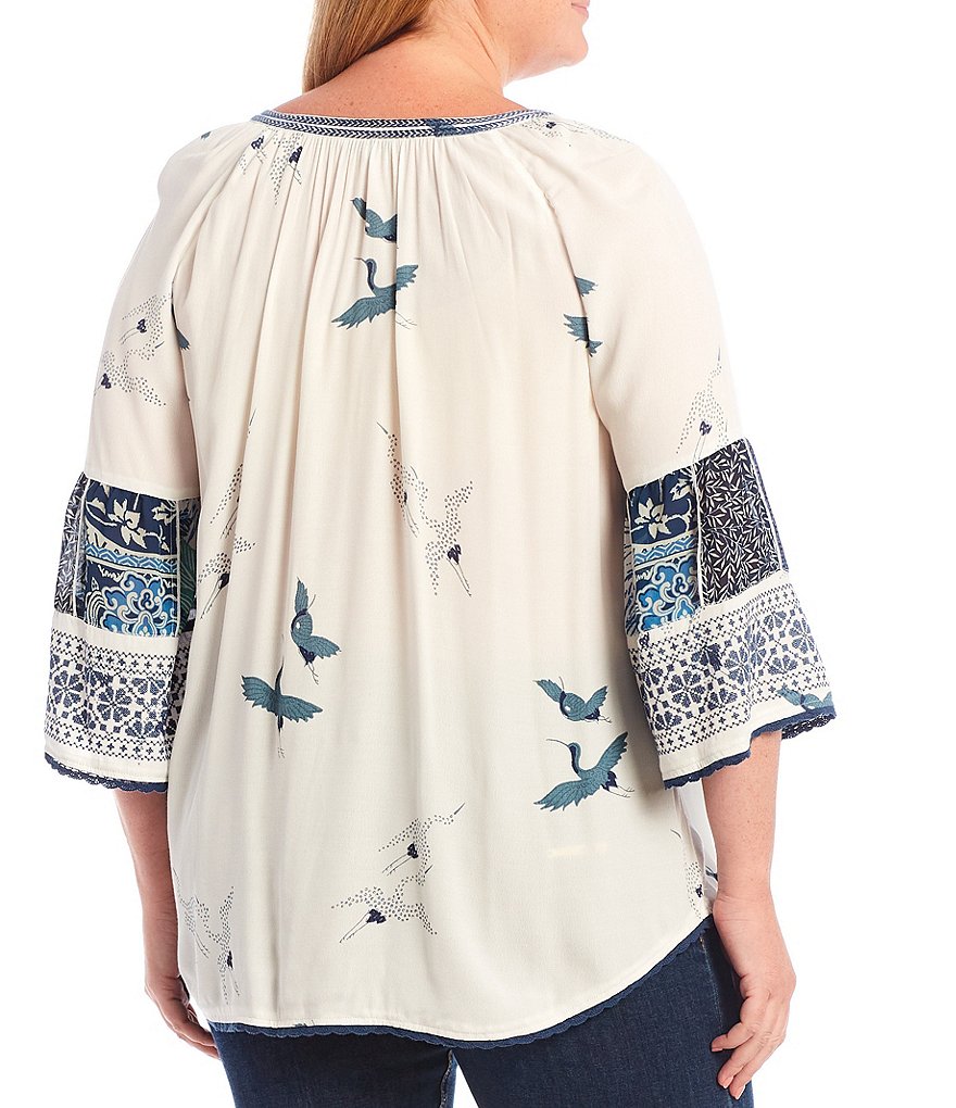 John Mark Plus Size Bird Print Tassel Tie Split Round Neck Embroidered 3/4 Sleeve Tunic