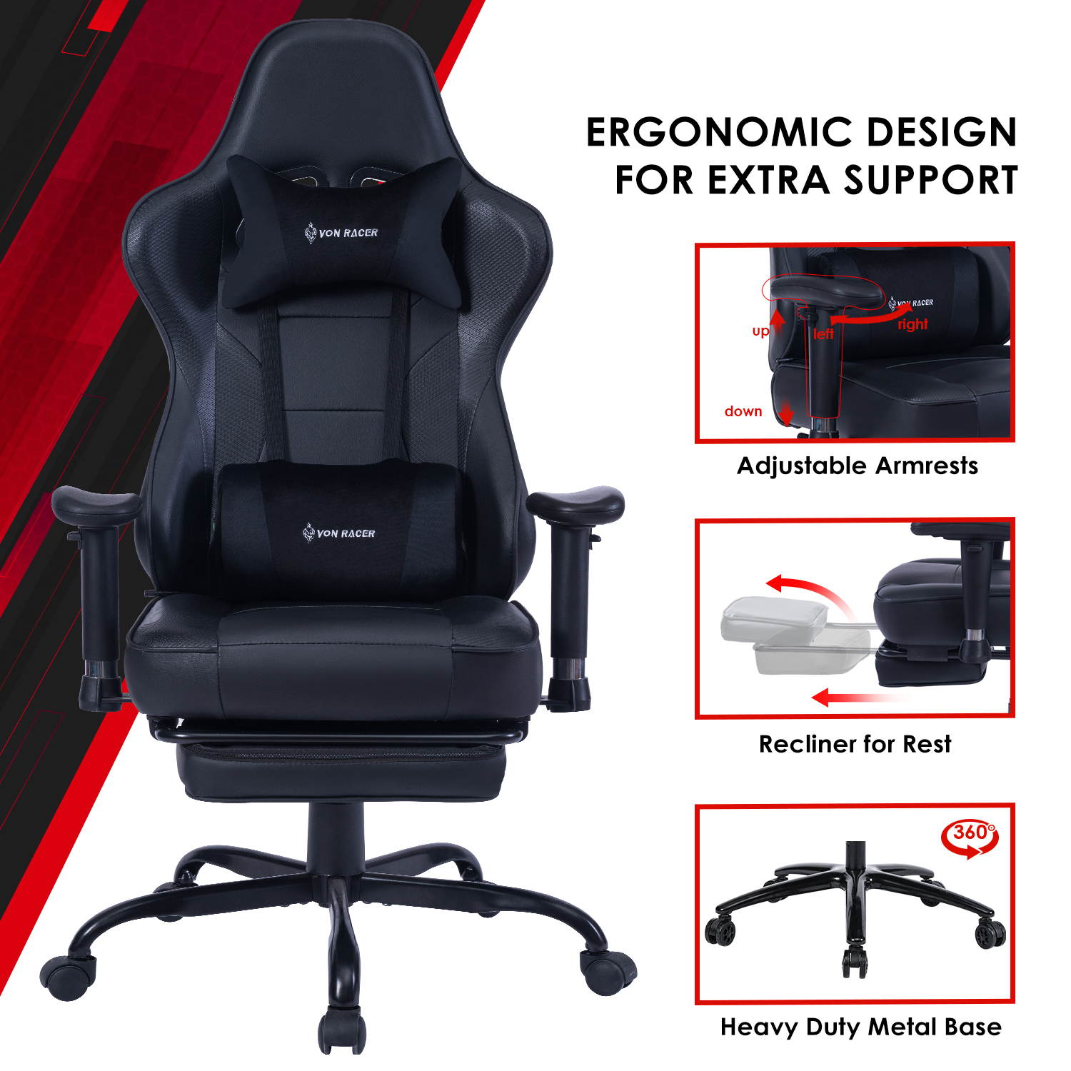 VON RACER Massage Gaming Chair - High Back Racing PC Computer Desk Office Chair Swivel Ergonomic Executive Leather Chair with Footrest and Adjustable Armrests(Grey)