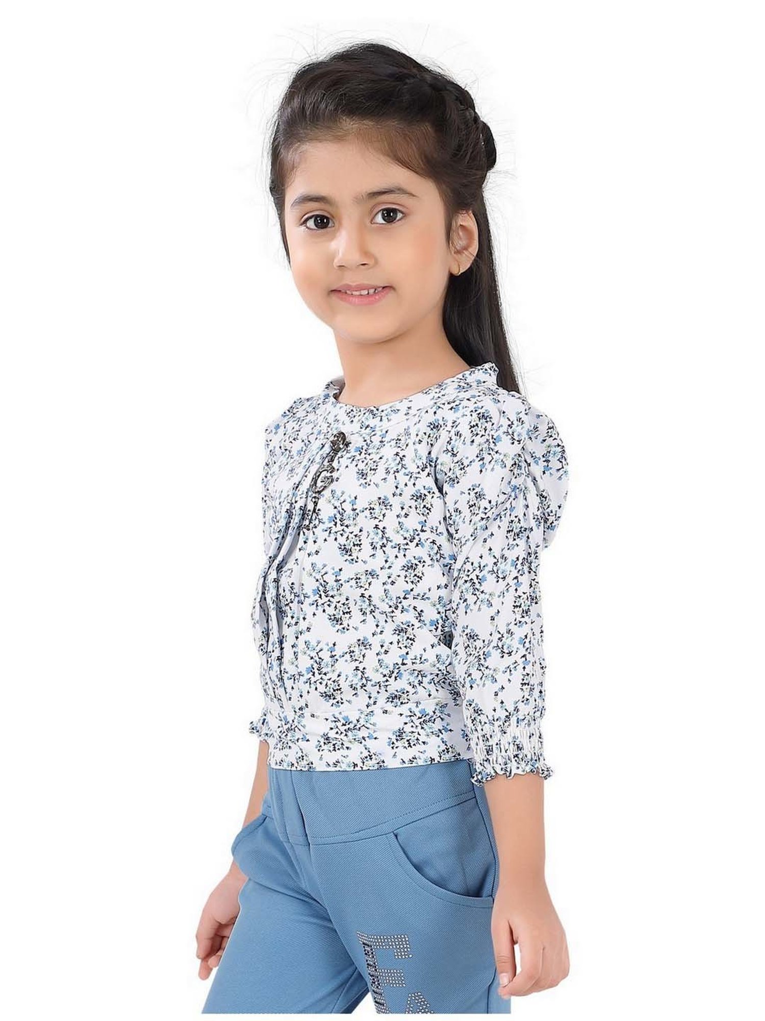 poplins Kids Blue & White Cotton Floral Print Top