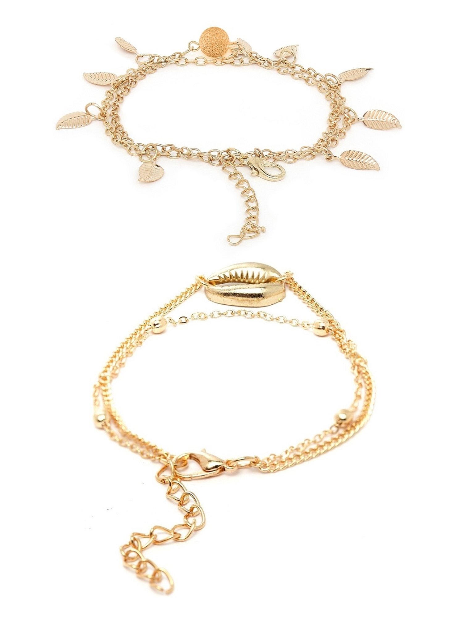 OOMPH Gold Tone Multi Layer Leaf & Sea Shell Beach Fashion Anklet Pack of 2