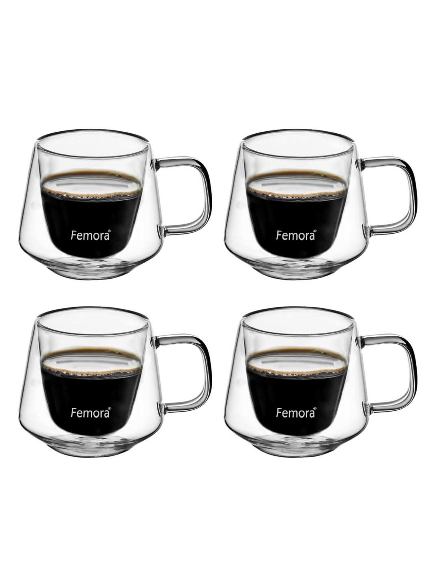 Femora Double Wall Transparent Glass Heat Resistant Coffee Mugs With Handle (0.2 L) - Set of 4