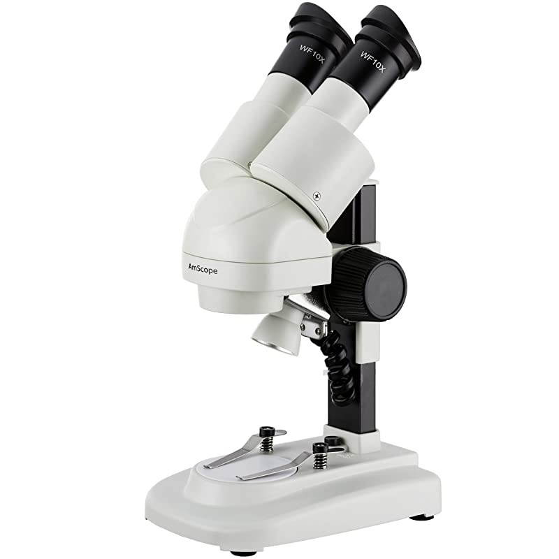 SE120 Portable Binocular Stereo Microscope, WF10x Eyepieces, 20X Magnification, 2X Objective, LED Lighting, Reversible Black/White Stage Plate, Track-Controlled Table Stand, Battery Powered