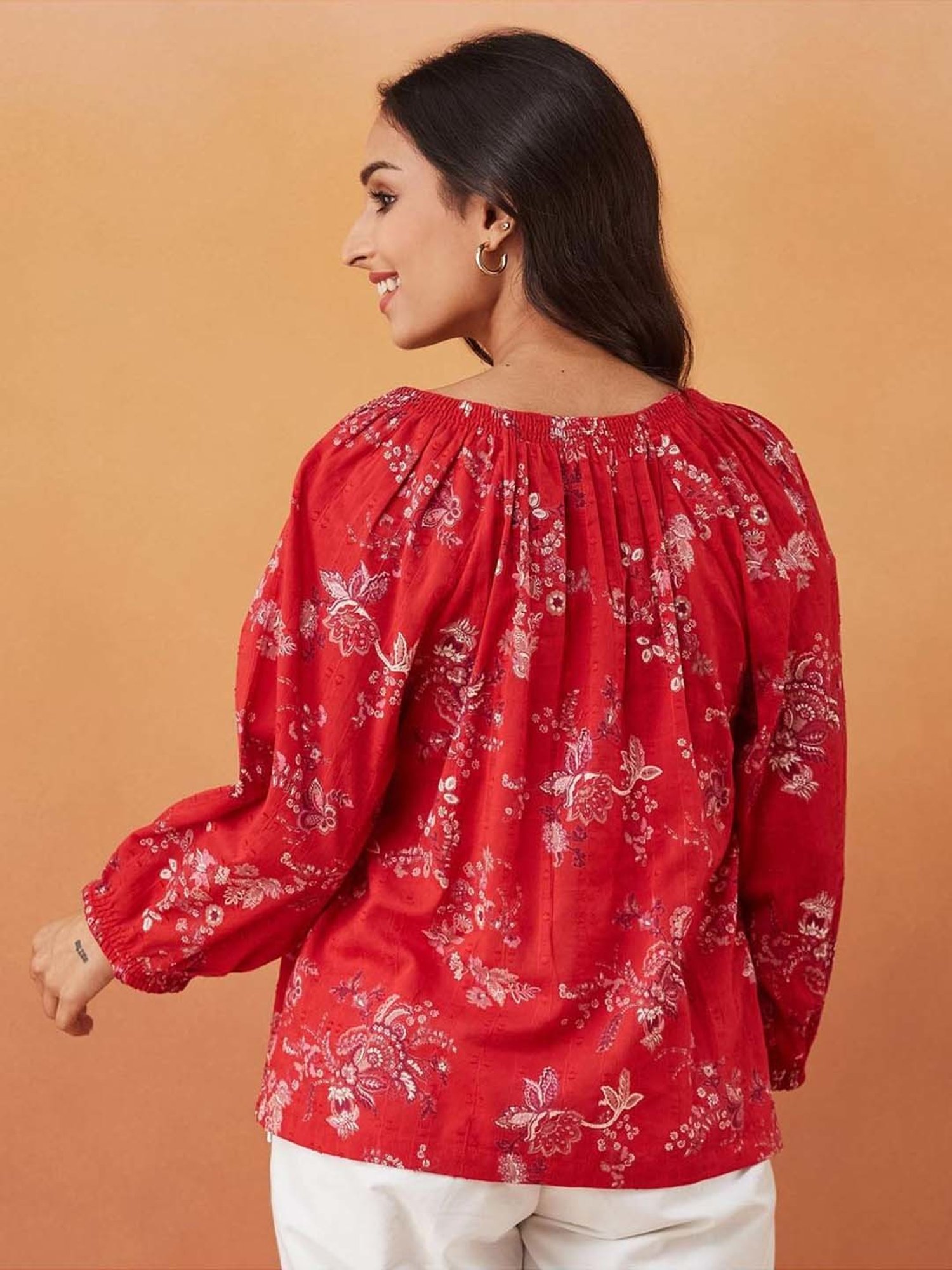 Fabindia Red Cotton Floral Print Top