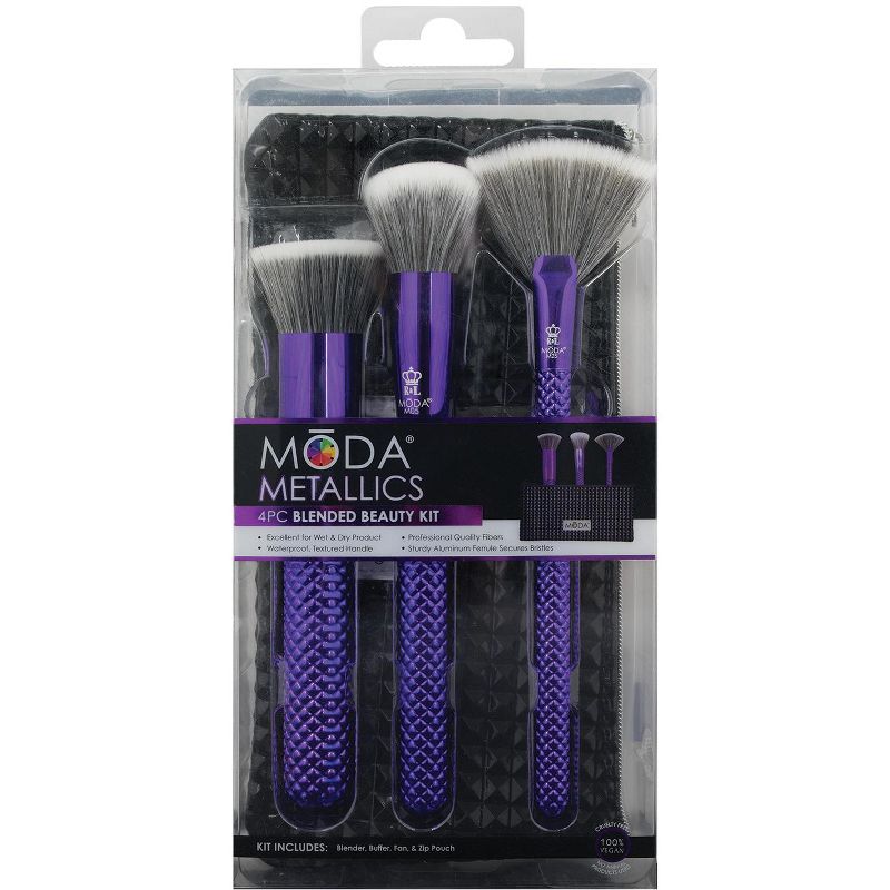 MODA Brush Metallics 4pc Blended Beauty Purple Makeup Brush Set with Black Studded Zip Case, Includes - Blender, Buffer and Fan Brushes