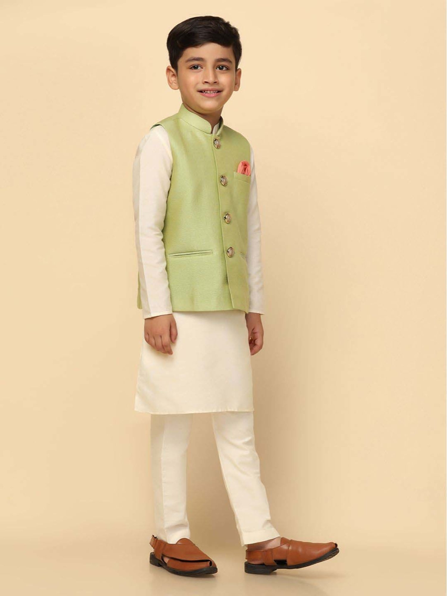 KISAH Kids Green & White Self Pattern Full Sleeves Kurta Set