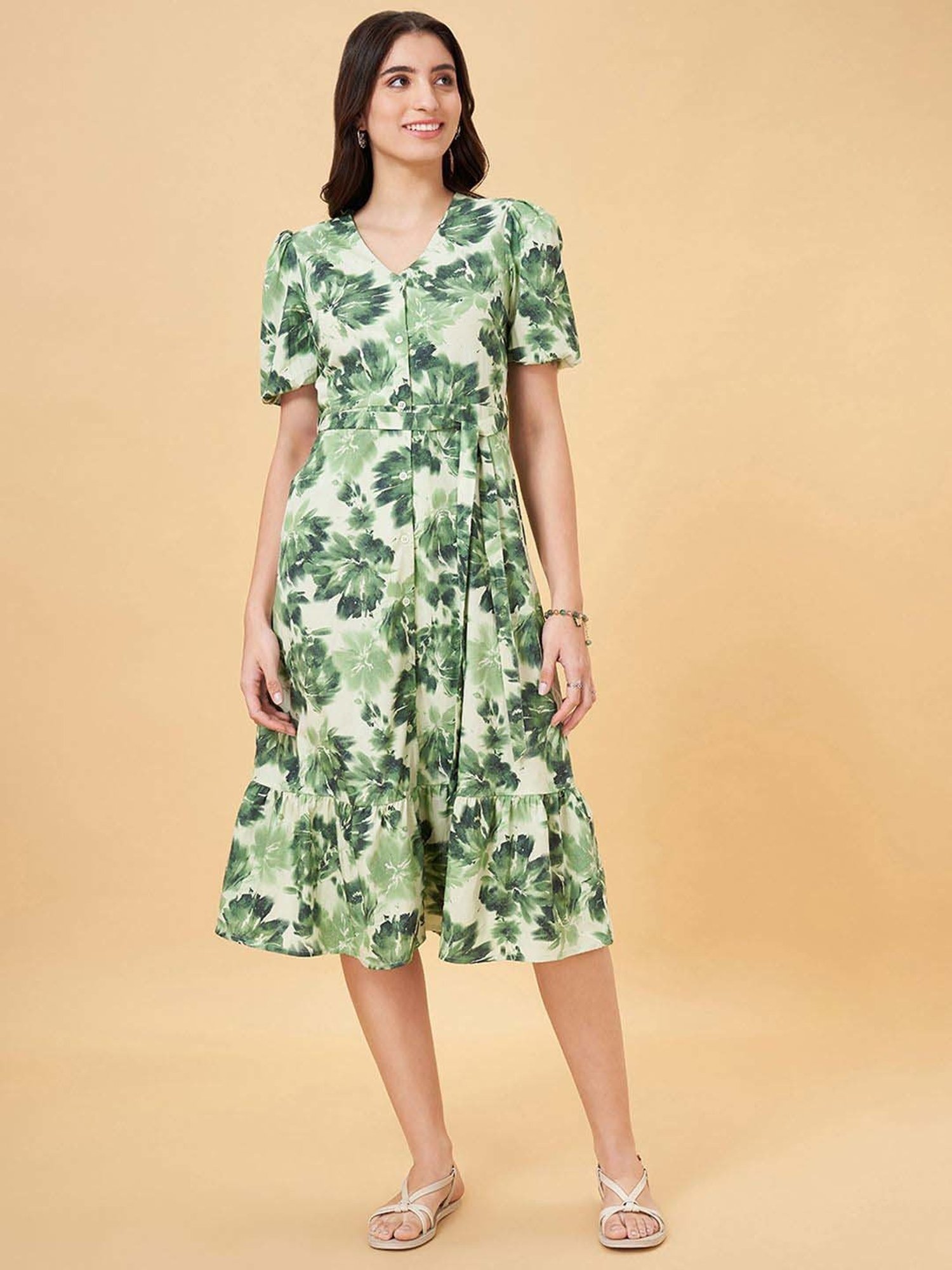 Honey by Pantaloons Green Cotton Printed A-Line Dress