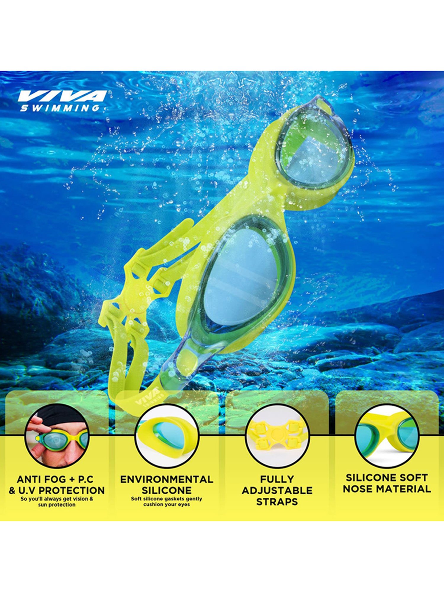 Viva Swimming Anti-Fog UV Protection Vision Swimming Goggles with Mirrored Nose Bridge (Multicolor)