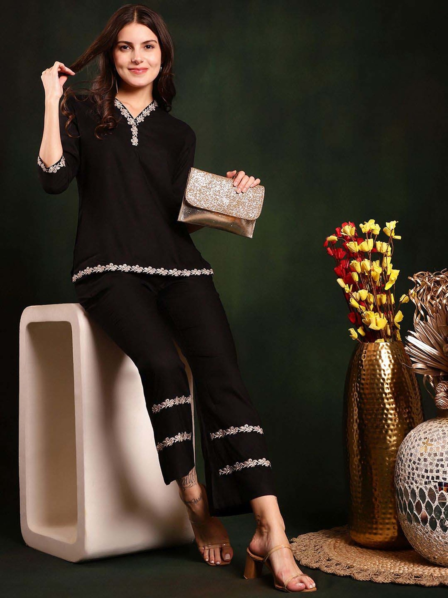Claura Black Printed Top Pant Set