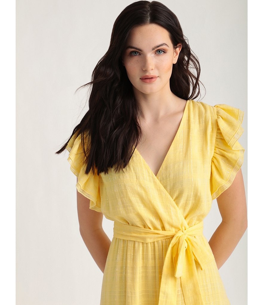 Maggy London Textured Tonal Plaid Faux Wrap Midi Dress