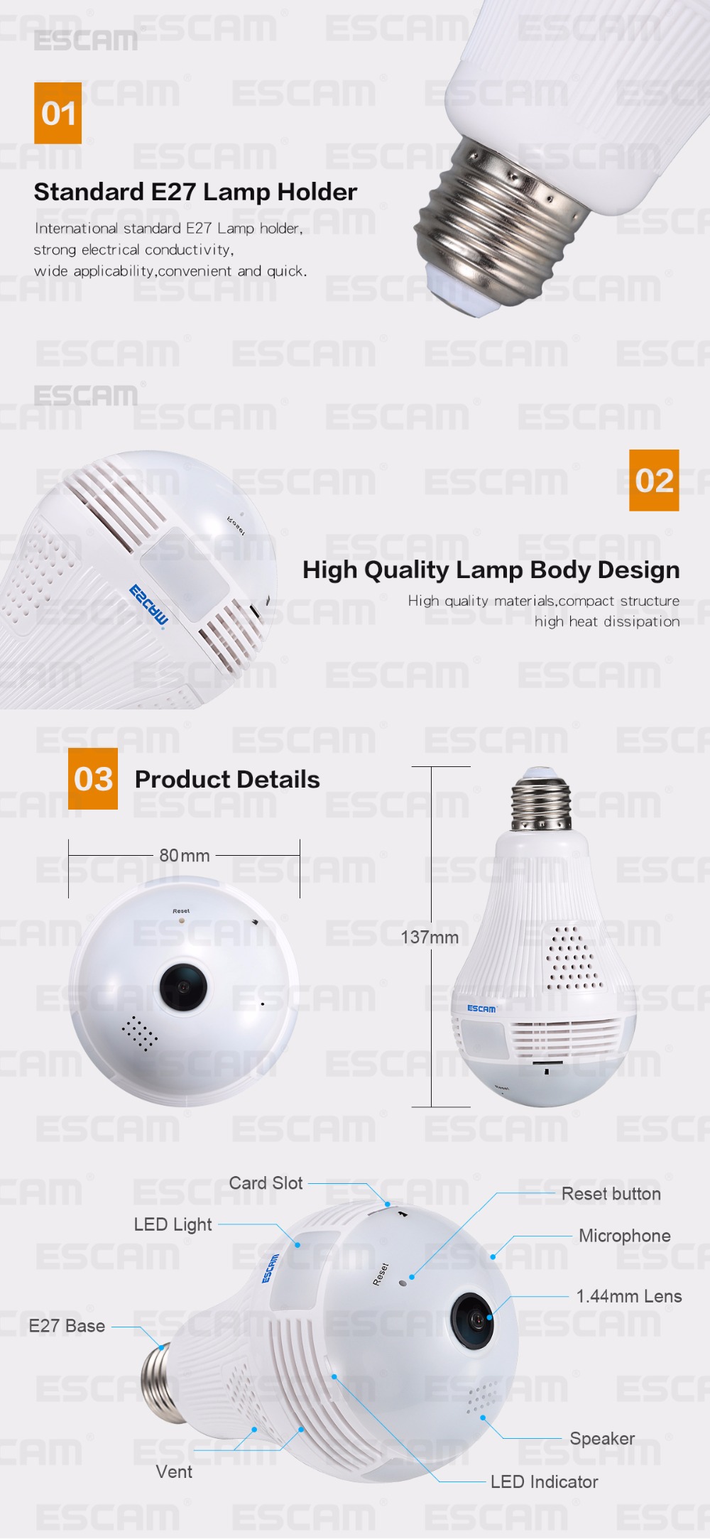 ESCAM QP136 960P Bulb WIFI IP Security Camera 360 Degree Panoramic H.264 Infrared Indoor Motion Detection