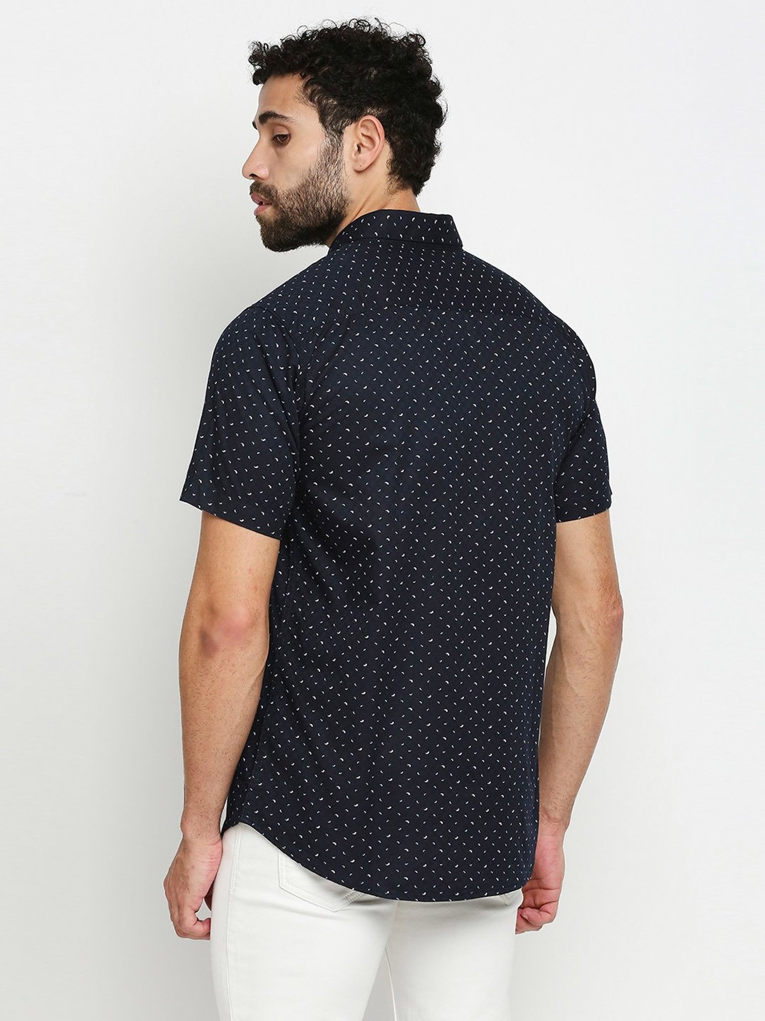SOLEMIO Navy Slim Fit Printed Cotton Shirt