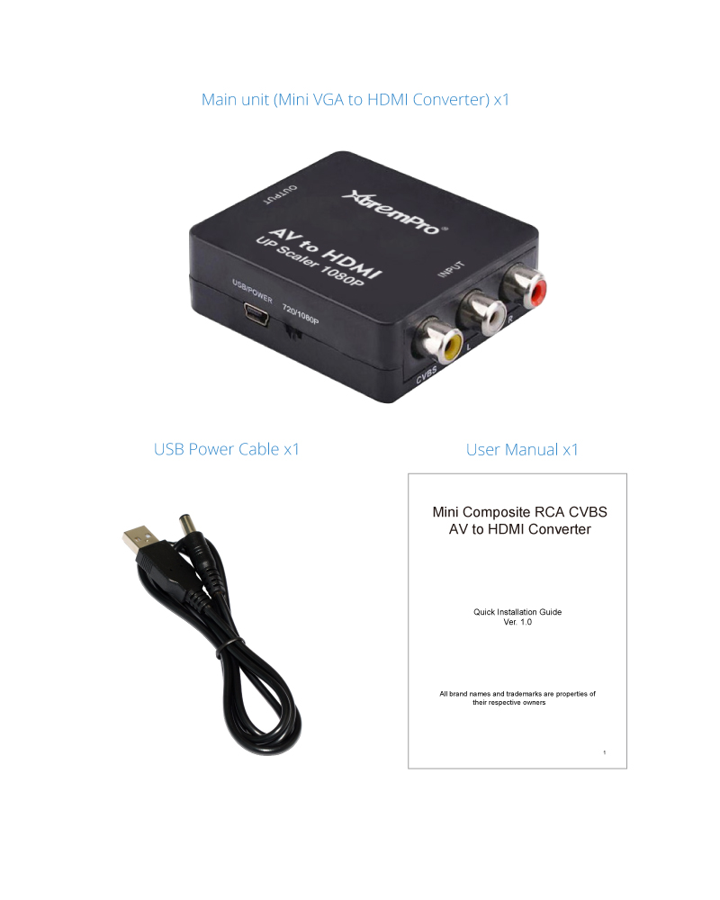 XtremPro AV to HDMI Converter Mini Coposite RCA CVBS AV to HDMI Video Audio Converter, Support PAL/NTSC w/USB Charge Cable for PC Laptop Xbox PS4 PS3 TV STB VHS VCR Camera DVD - Black (61088)