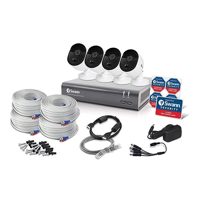 Home Security Camera System, 4 Channel 4 Bullet Cameras 1080p HD DVR Wired Surveillance, 1TB HDD, Weatherproof, Color Night Vision, Heat & Motion Sensing, Alexa + Google, SWDVK-445804V