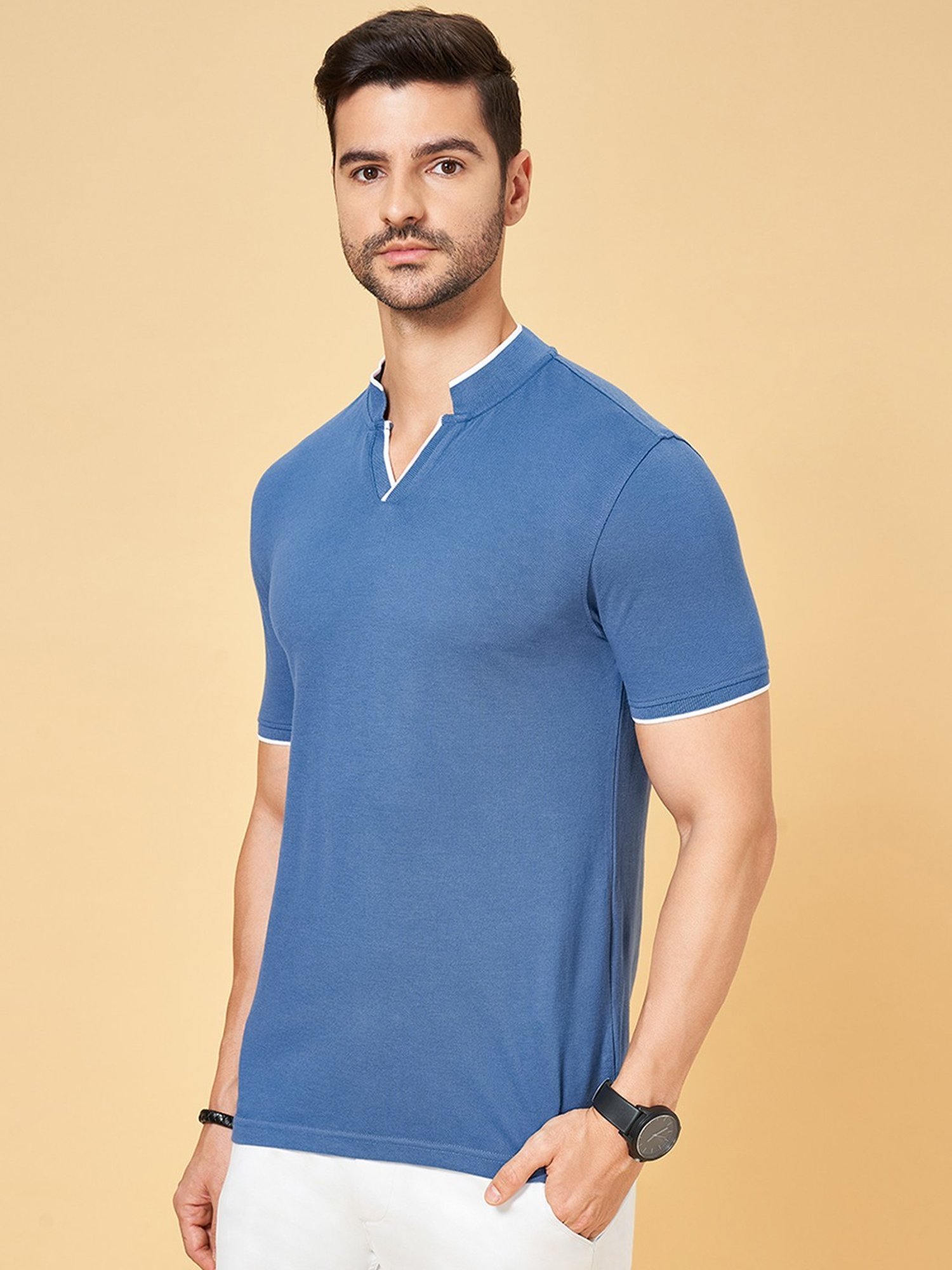 Byford by Pantaloons Dull Blue Cotton Slim Fit T-Shirt