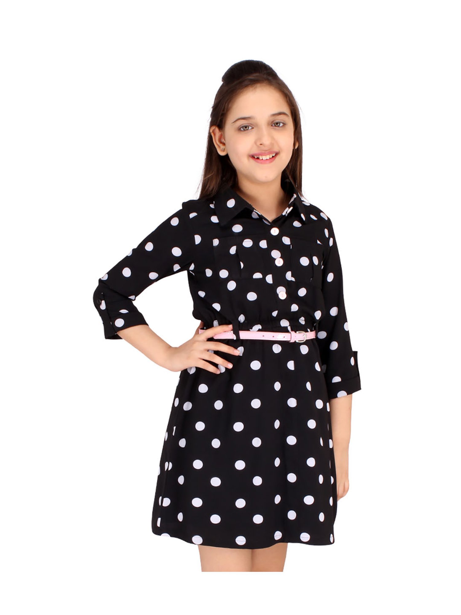Cutecumber Kids Black Printed Dress, Belt with Bag