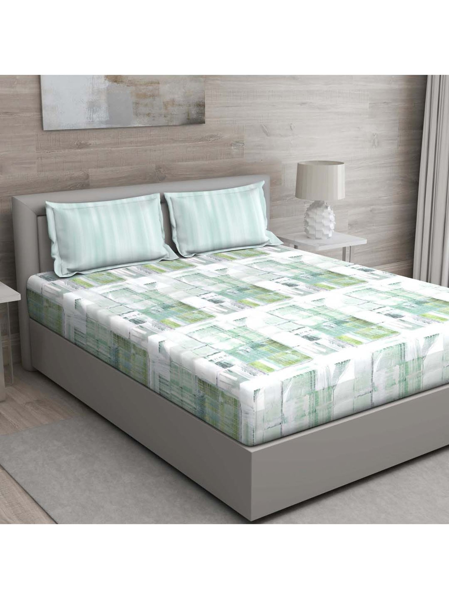 GM Green & White 100% Cotton 144 TC King Bedsheet Set
