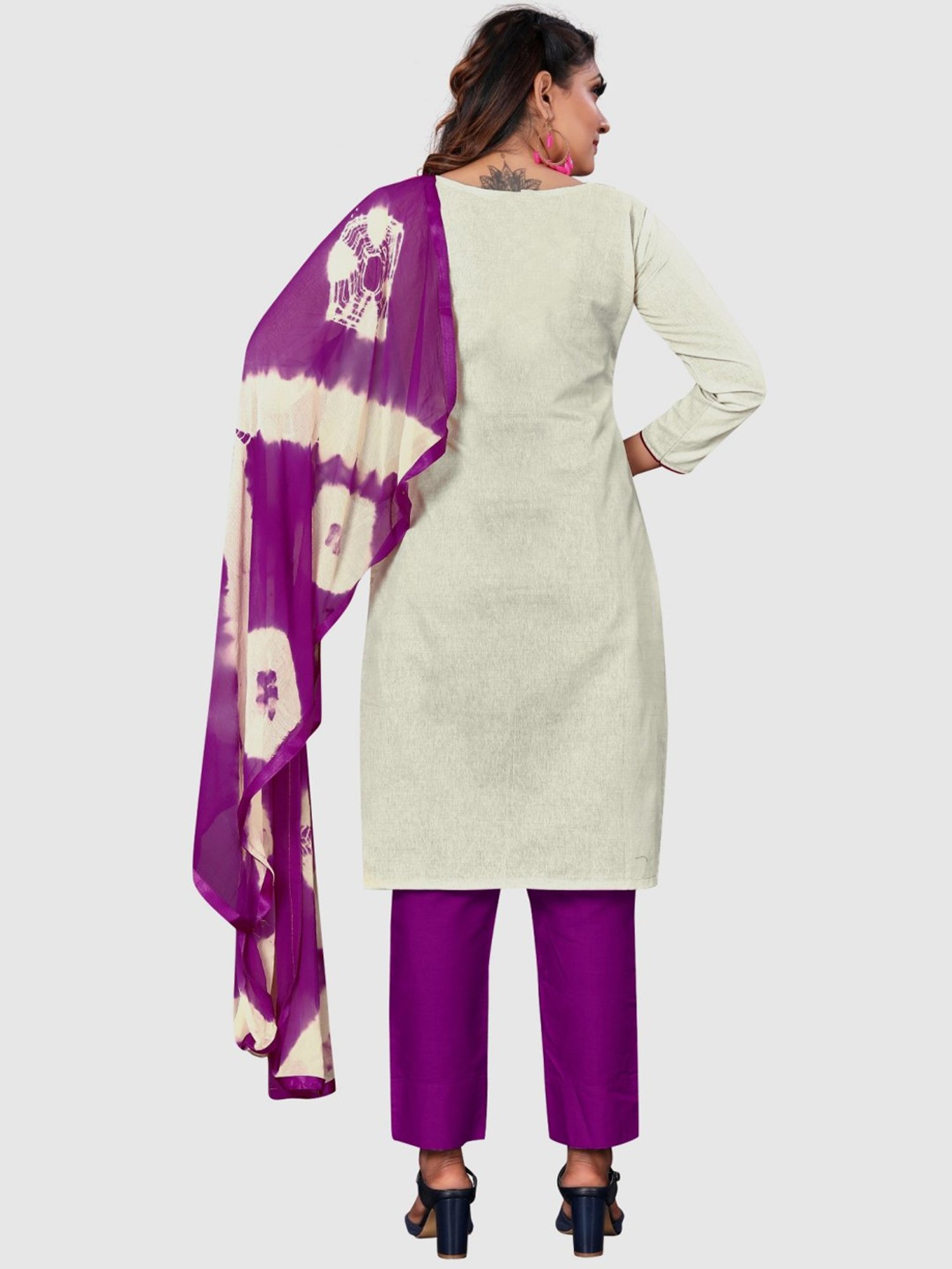 APNISHA Beige & Purple Cotton Printed Unstitched Dress Material