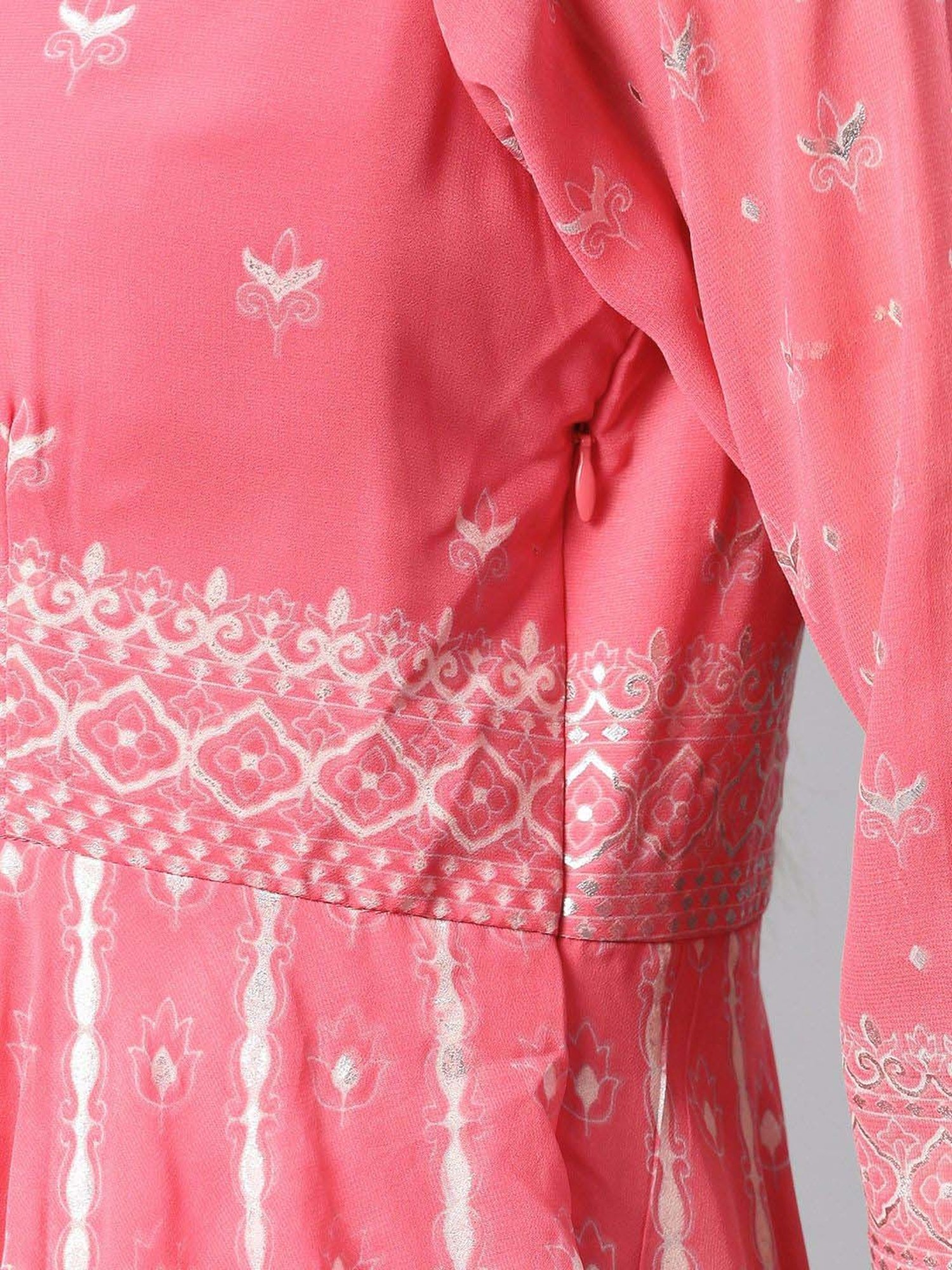 Juniper Coral Ethnic Motif Printed Georgette Anarkali Kurta & Palazzo Set With Buttons