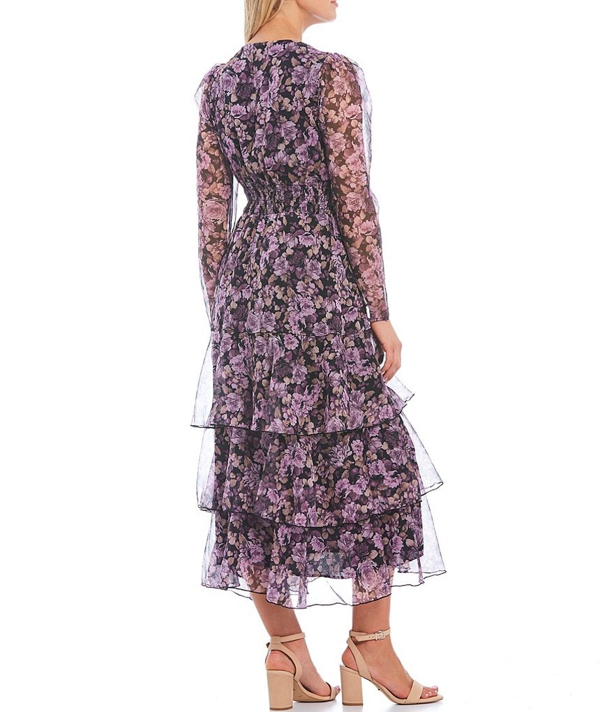 Lucy Paris Bristol Purple Floral Print V-Neck Smocked Waist Long Sleeve Tiered Midi Dress