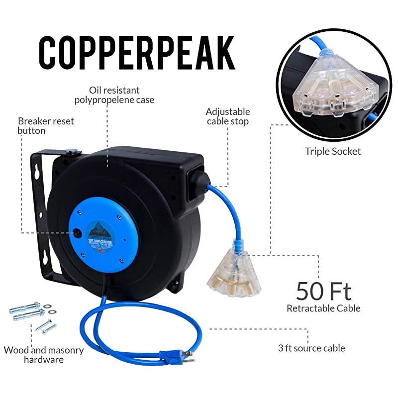 50 ft Retractable Extension Cord Reel Ceiling or Wall Mount 14 Gauge Blue and Black