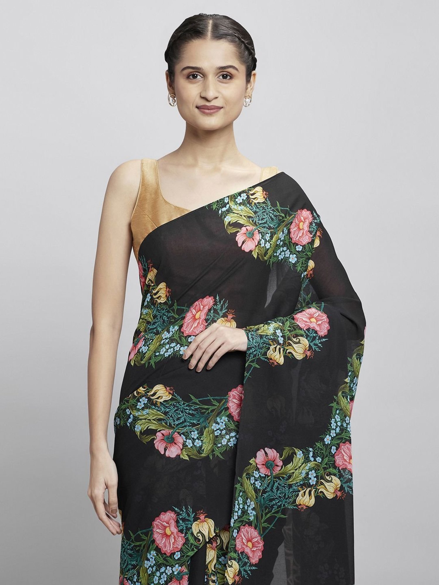 navyasa by liva Black Floral Print Saree With Unstitched Blouse