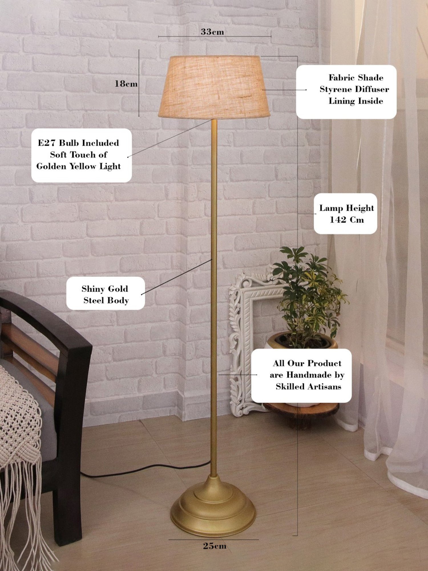 Homesake Beige & Golden Metal Standing Floor Lamp with Bulb and Floor Switch (Iron Legs)