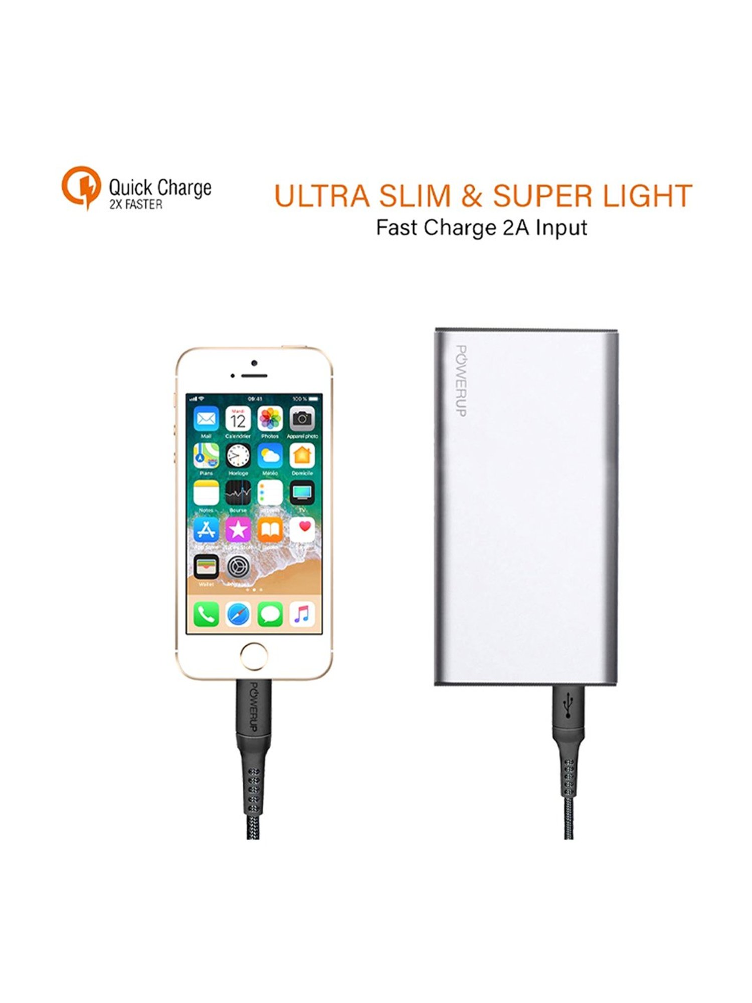 Powerup Quick Charge Slim Design 5000mAh Power Bank Aluminium Shell Li-Polymer Battery (Silver)