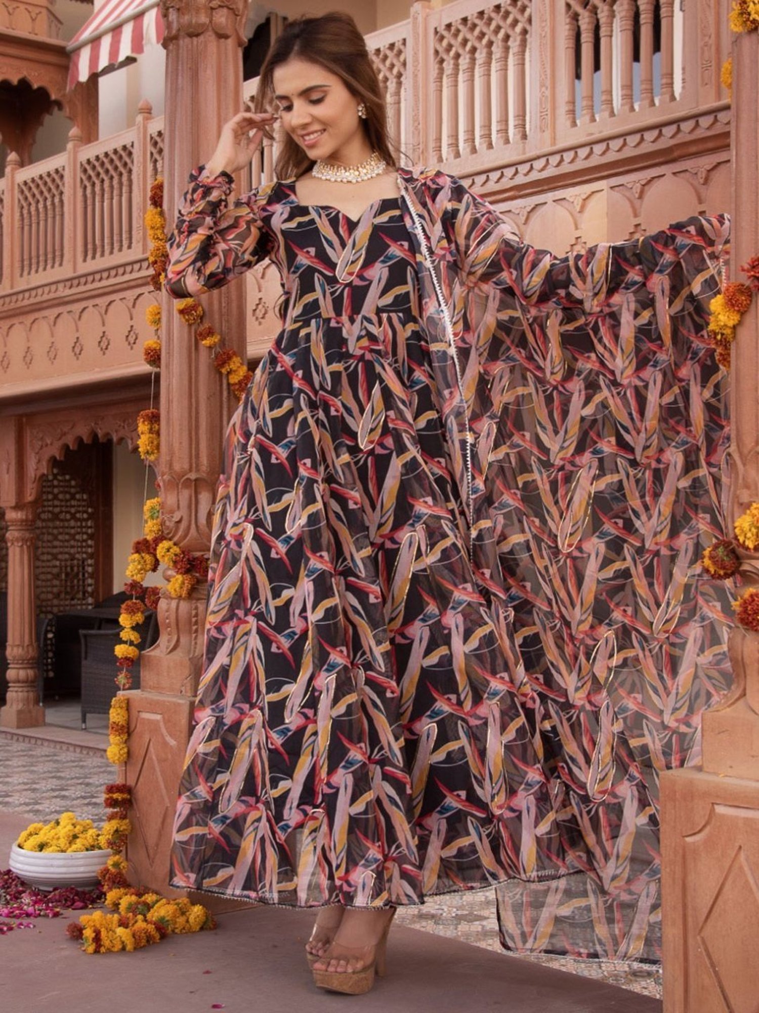 Calmna Black And Gold Organza Anarkali Suit Set