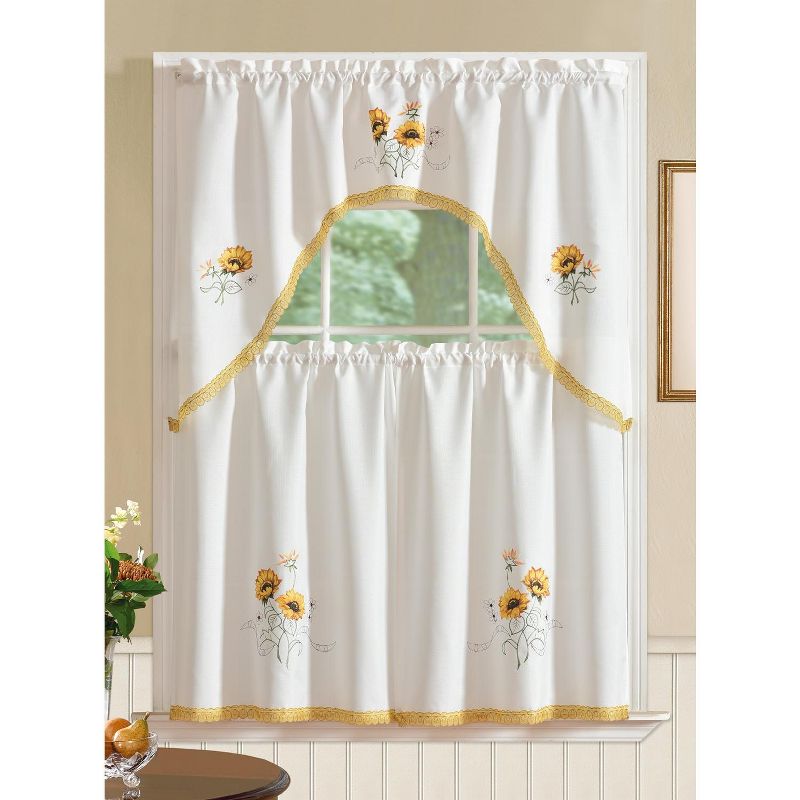 Ramallah Trading Regal Embroidered Sunflower Kitchen Curtain Set - 60 x 36, Yellow