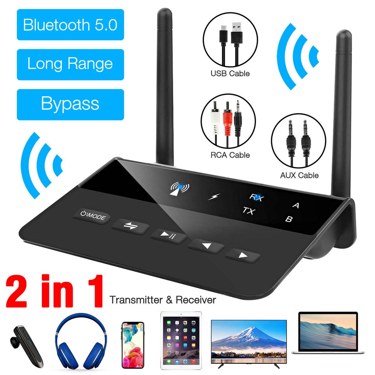 Wireless Bluetooth 5.0 Transmitter Receiver Audio Adapter, Black