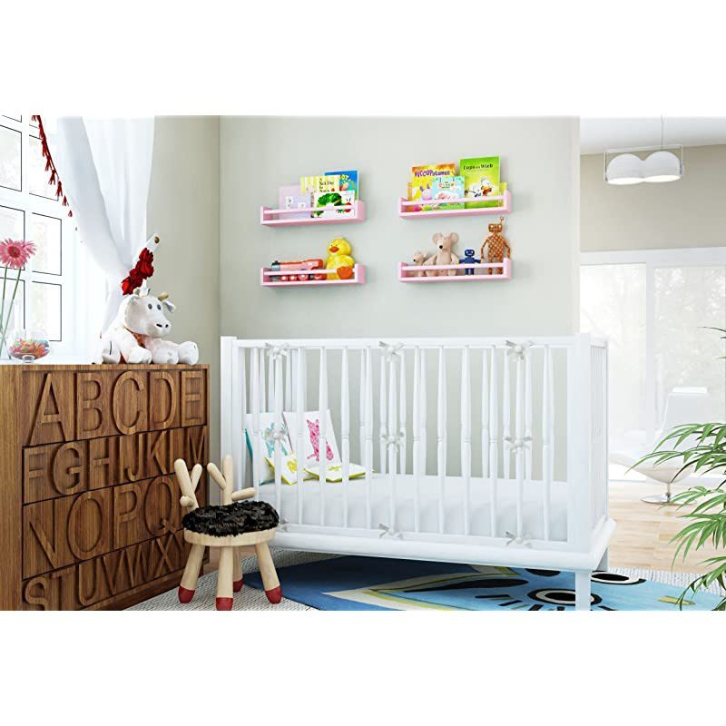 Nursery Room Decor Wall Shelf Book Organizer Storage Ledge Floating Bookshelf Display Holder for Toys CDs Frames Monitor - Ships Assembled (Light Pink)