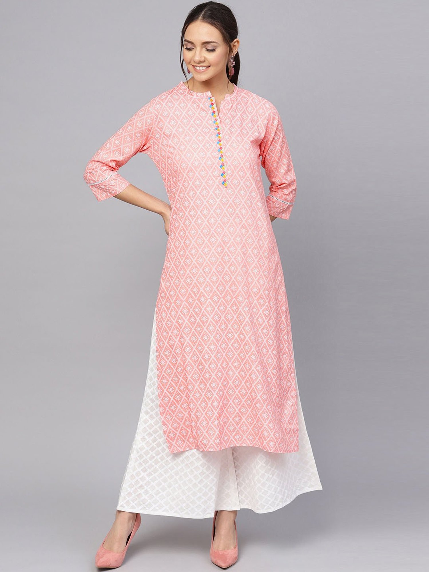 Anubhutee Peach & White Printed Kurta Palazzo Set