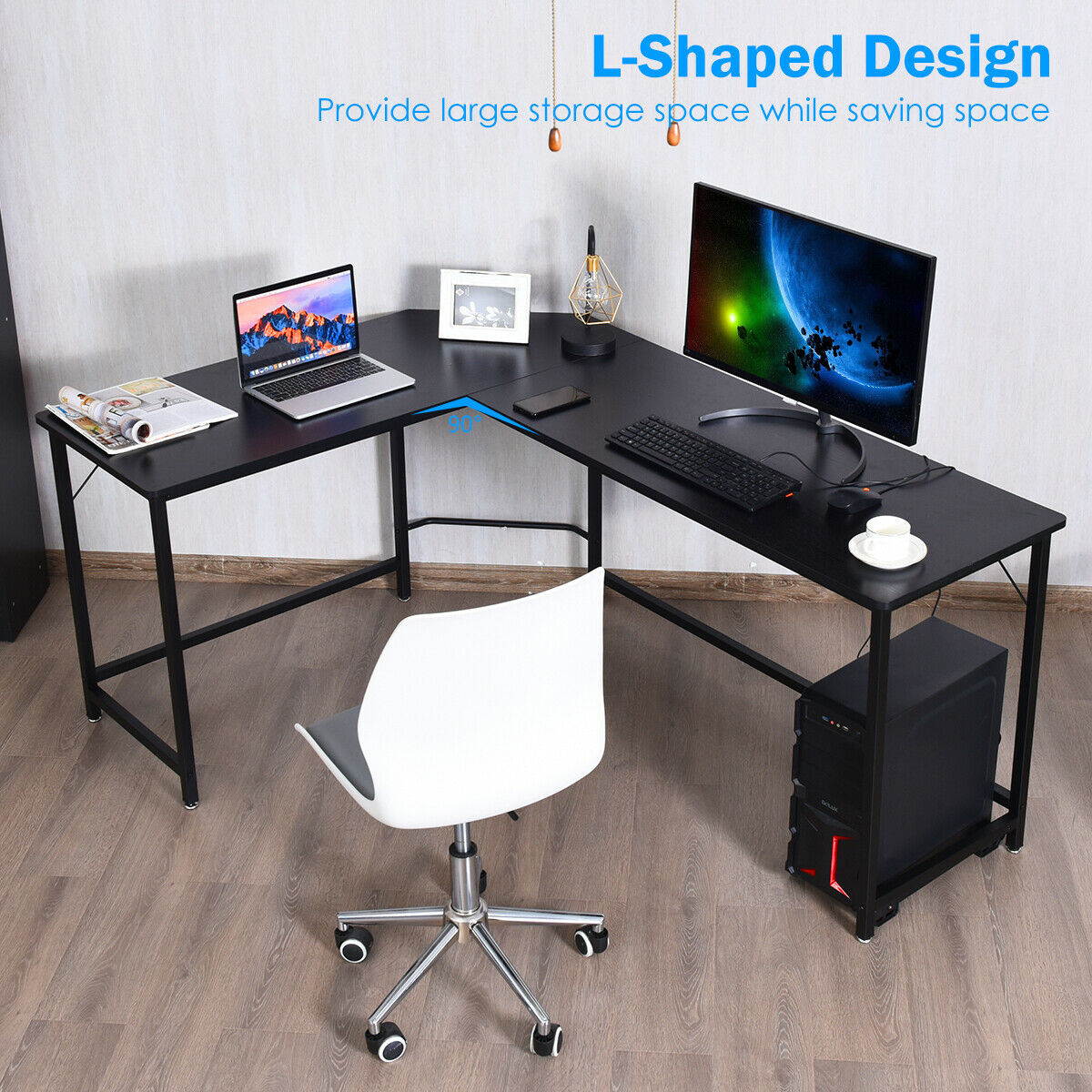 HILINSTON L-Shaped Desk 66 Inch, Industrial Sturdy Corner Computer Desk with Host Board, Gaming Laptop Table PC Study Desk Workstation, Easy to Assemble, Desk for Home Office Bedroom, Black, GT07