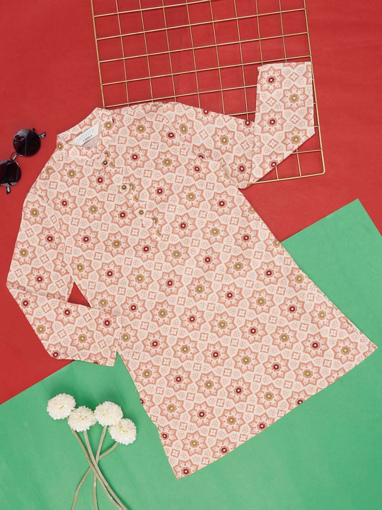 Indus Route by Pantaloons Kids Coral Cotton Floral Print Full Sleeves Kurta