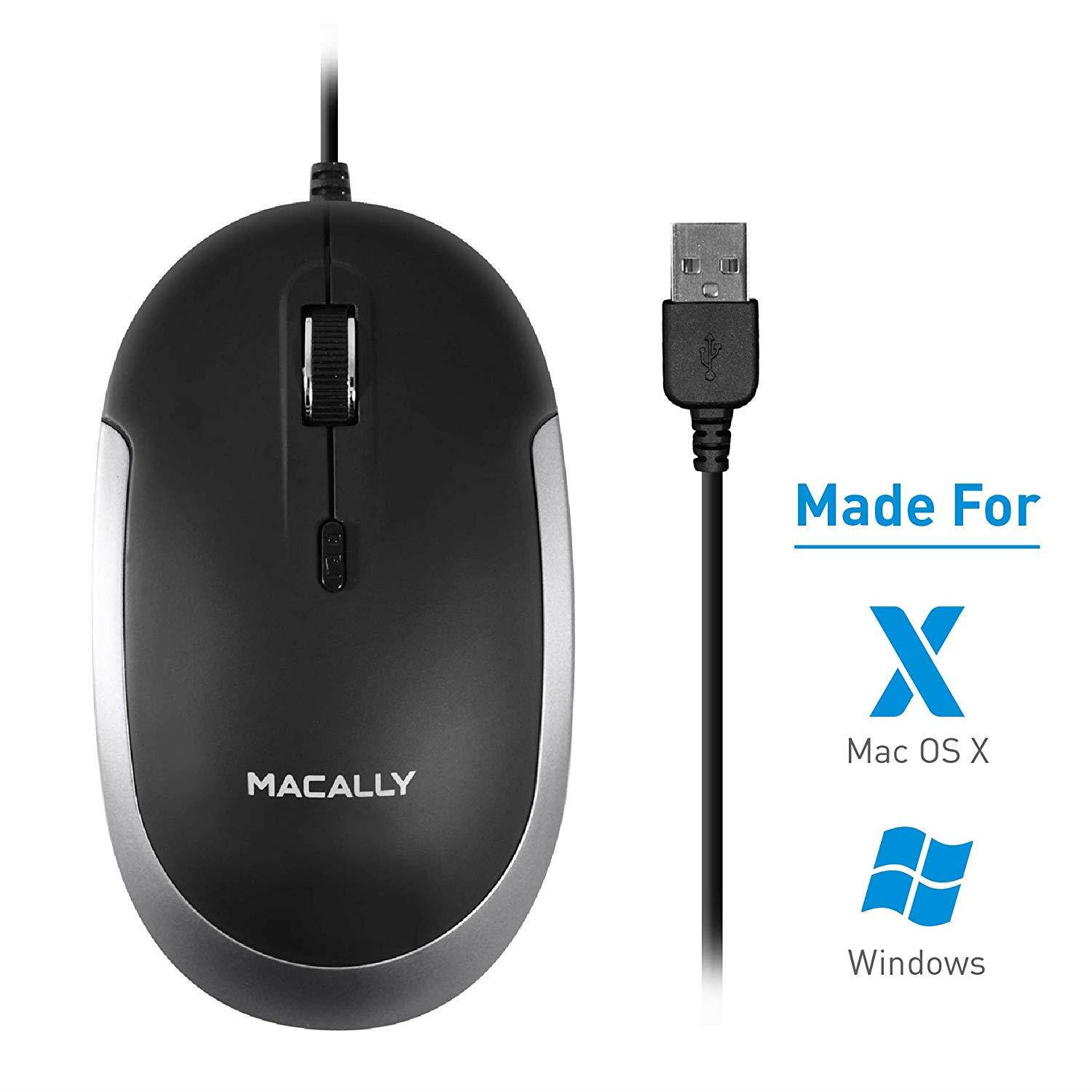 Macally Silent USB Mouse Wired for Apple Mac or Windows PC Laptop/Desktop Computer | Slim & Compact Mice Design with Optical Sensor and DPI Switch 800/1200/1600/2400 | Small for Easy Travel (Black)
