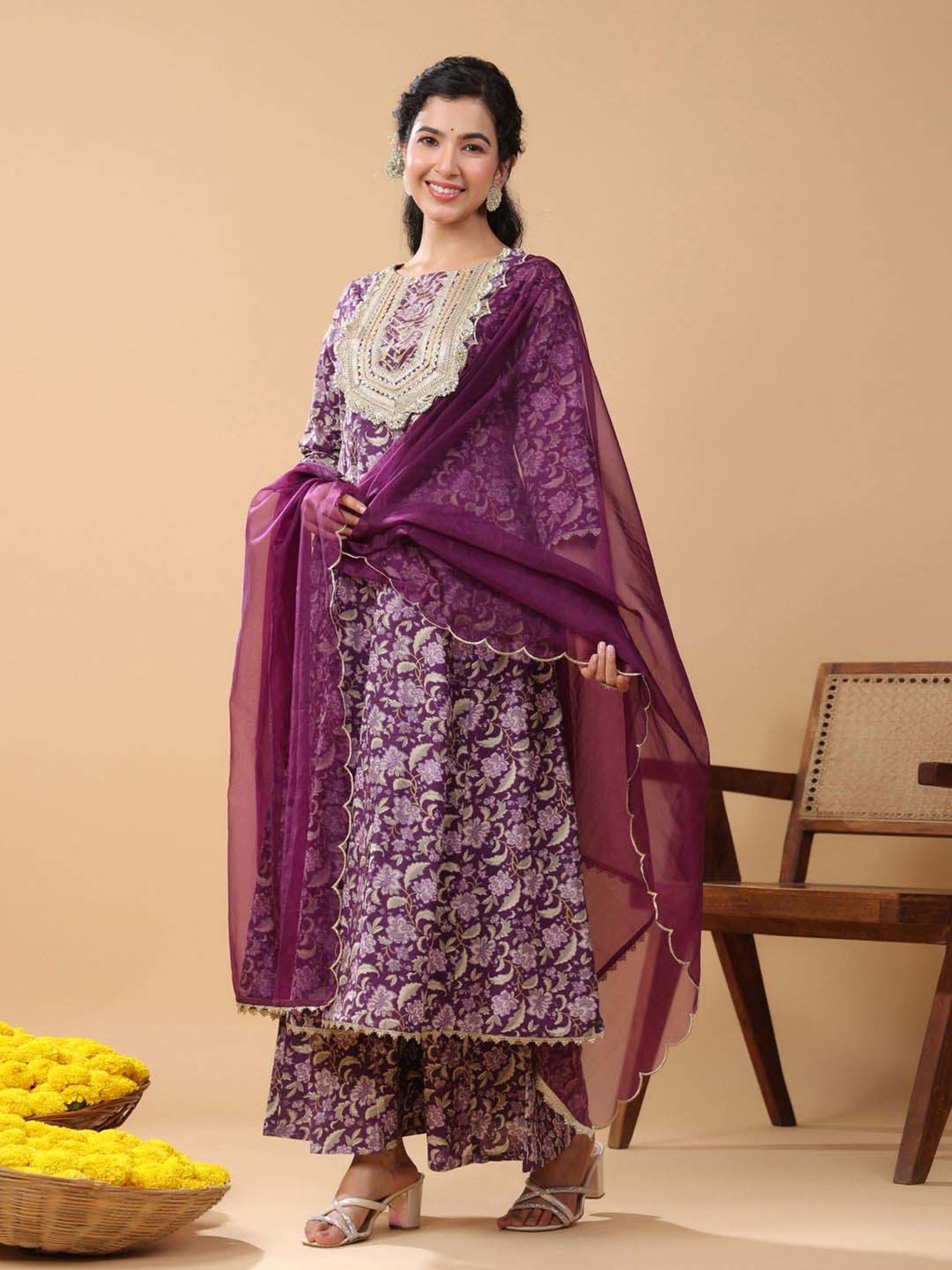 Janasya Purple Cotton Floral Print Kurta With Palazzo & Dupatta