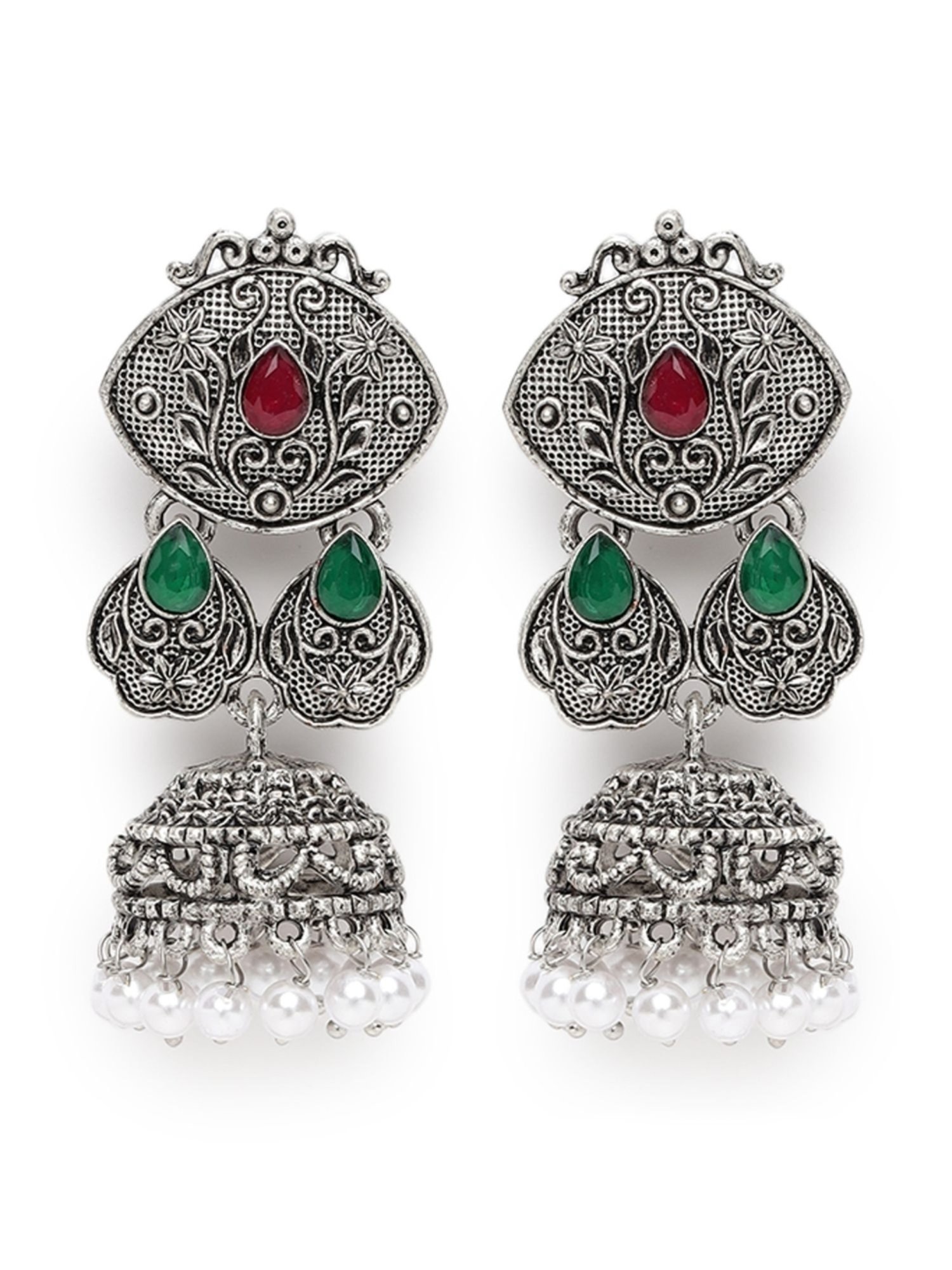 Aatmana Silver-Toned Ruby & Green Oxidised Classic Drop Jhumki Earrings for Women