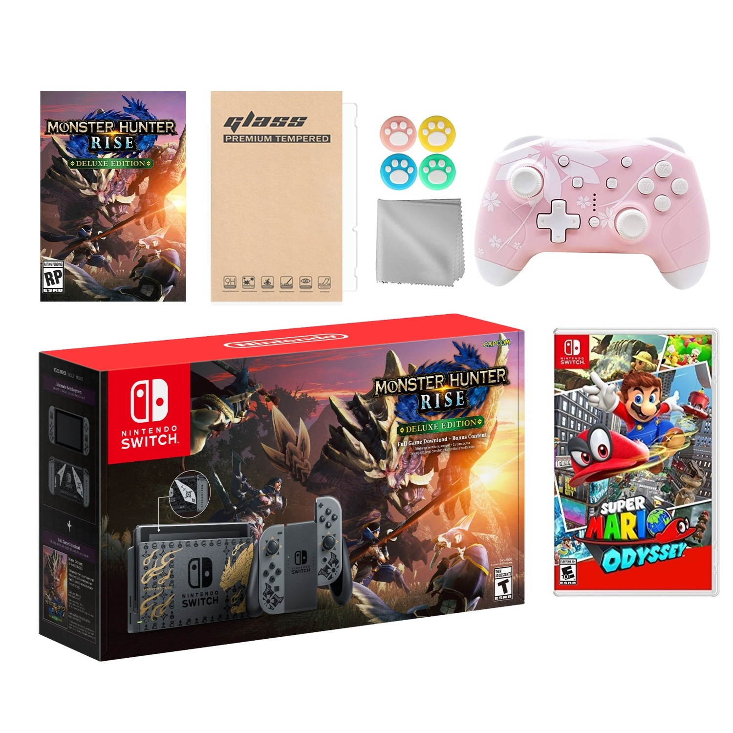 Nintendo Switch Monster Hunter Limited Console Set Plus Monster Hunter Rise Deluxe Edition, Bundle With Super Mario Odyssey And Mytrix Wireless Switch Pro Controller and Accessories
