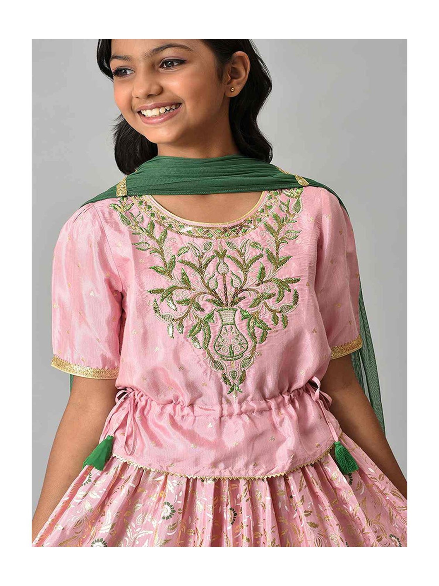 Aurelia Kids Pink & Green Embroidered Top, Skirt with Dupatta