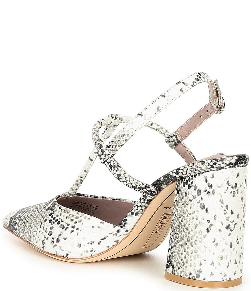Deltan Tessa Snake Print T-Strap Block Heel Pumps