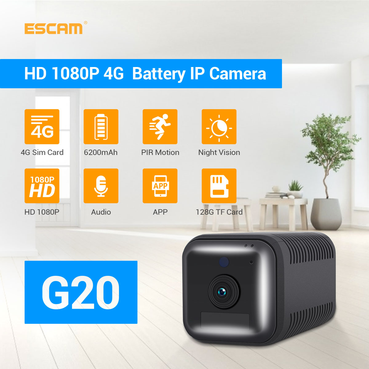 ESCAM G20 1080P Full HD Rechargeable Battery  PIR Alarm 4G Sim Camera With Two Way Audio