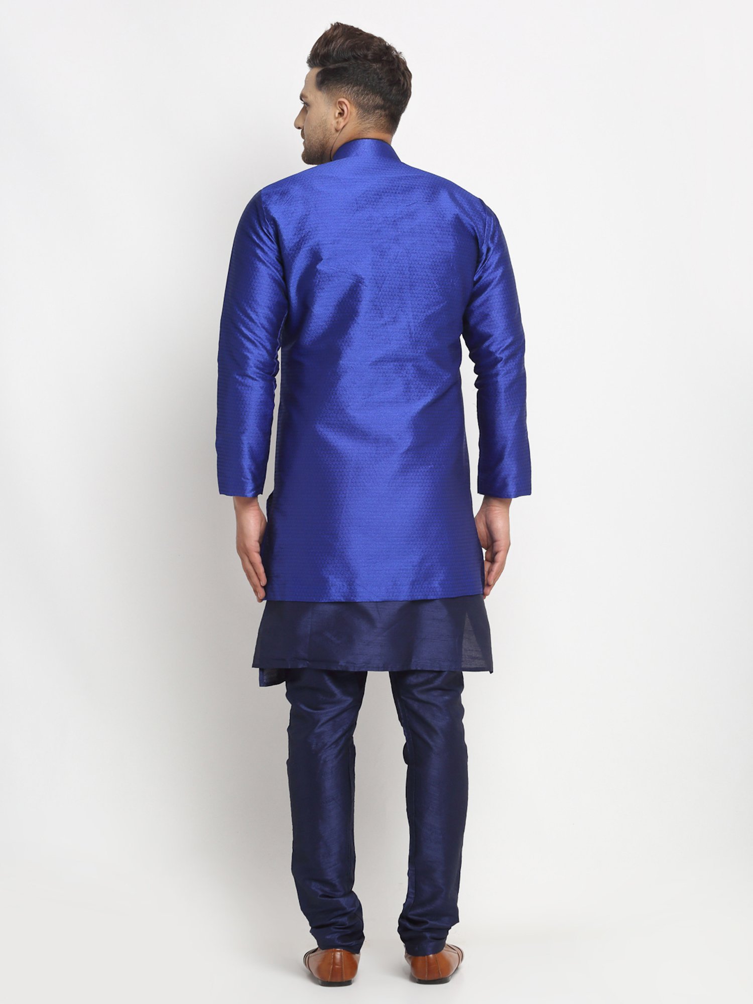Benstoke Navy Blue Regular Fit Self Pattern Kurta Set With Jacket