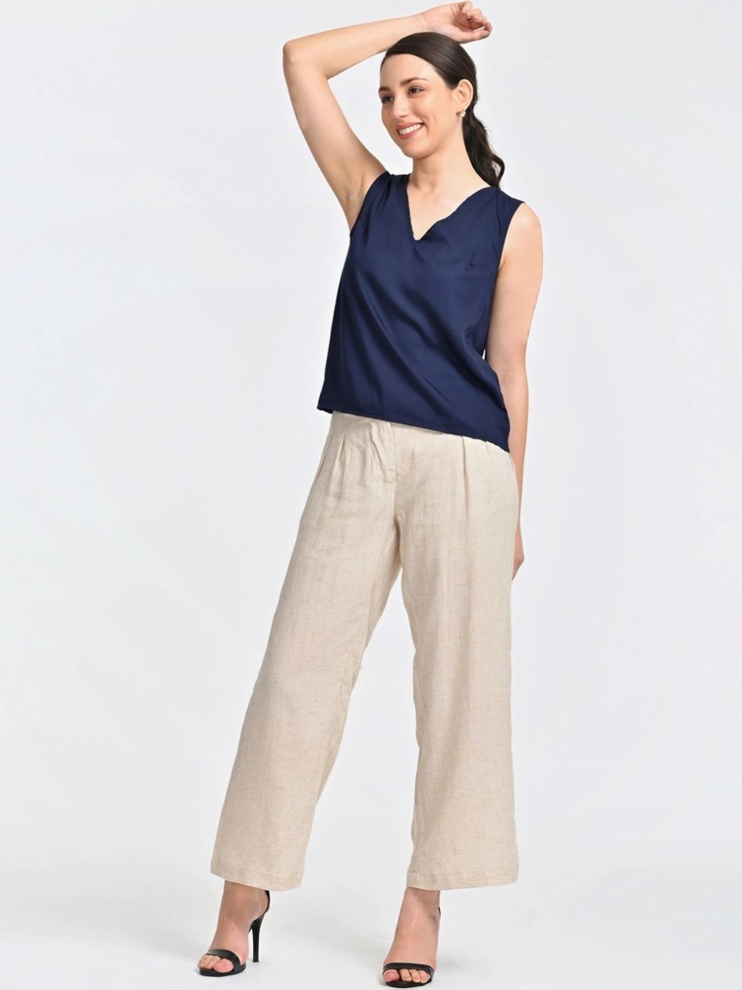 Saltpetre Indigo V Neck Top With Beige Trousers Co-ords Set