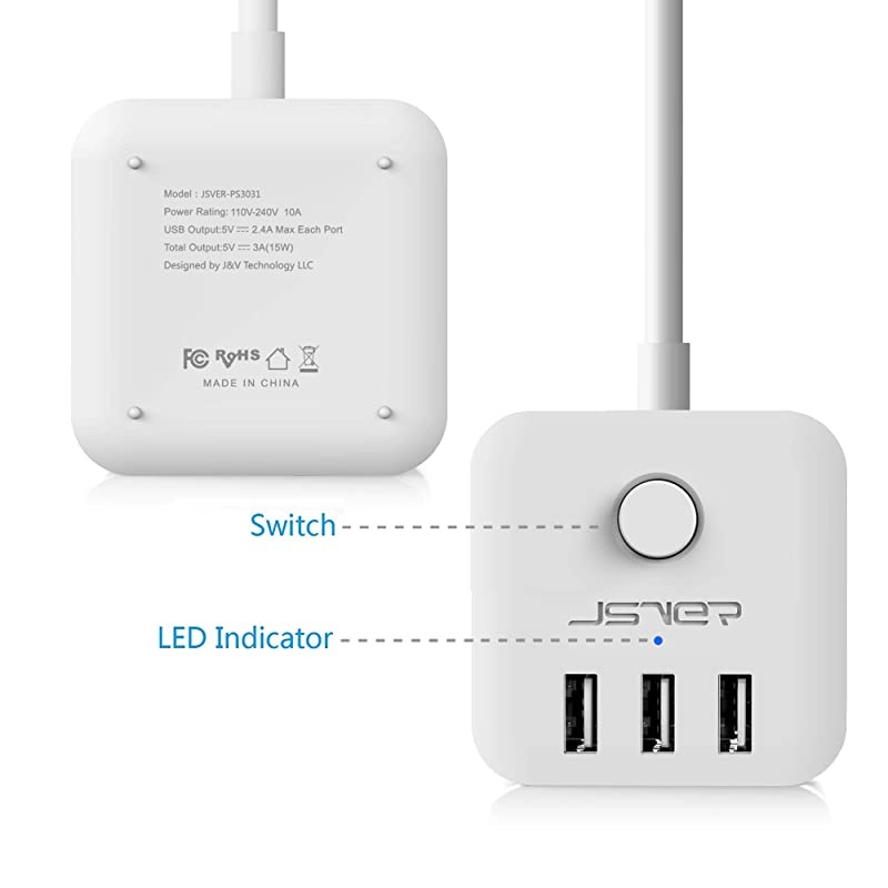 Power Strip with USB Ports  USB Power Strip, 4.92 Ft Extension Cord with 3 Outlets 3 USB Ports, Power Cube with USB for Travel, Home, Office, Phones, iPhone X/XS/XR, Tablets, Cruise Ship (White)