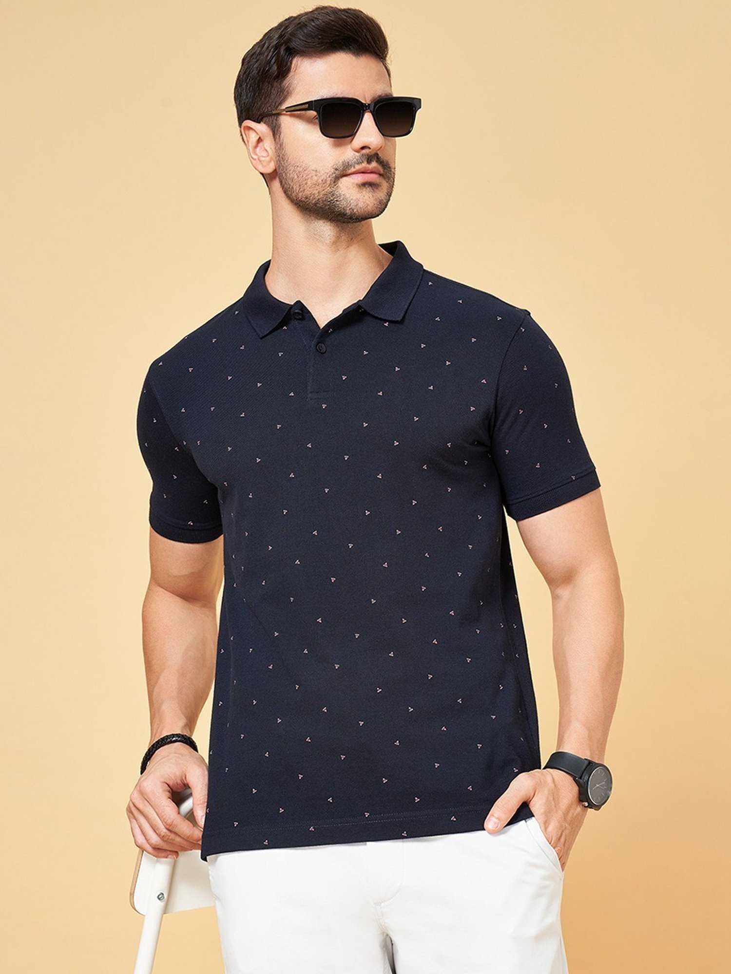 Byford by Pantaloons Navy Slim Fit Printed Polo T-Shirt