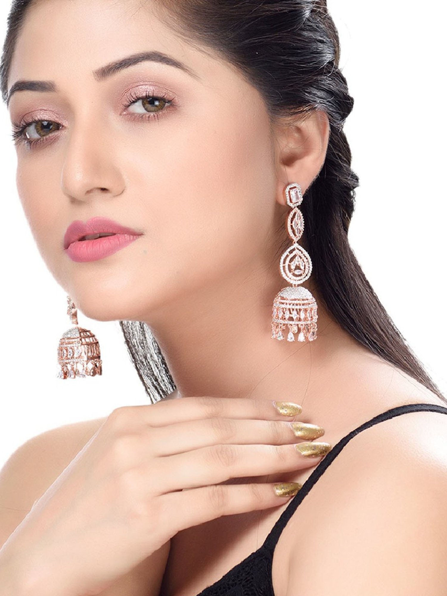 Saraf RS Jewellery Rose Gold AD studded Jhumka Earrings